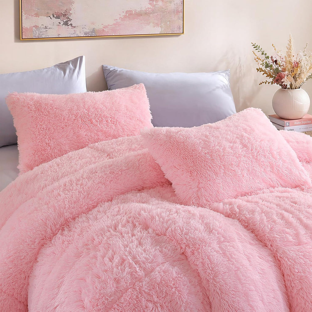 Fluffy Queen Comforter Set, Faux Fur Pink Comforter Set 3 Pcs