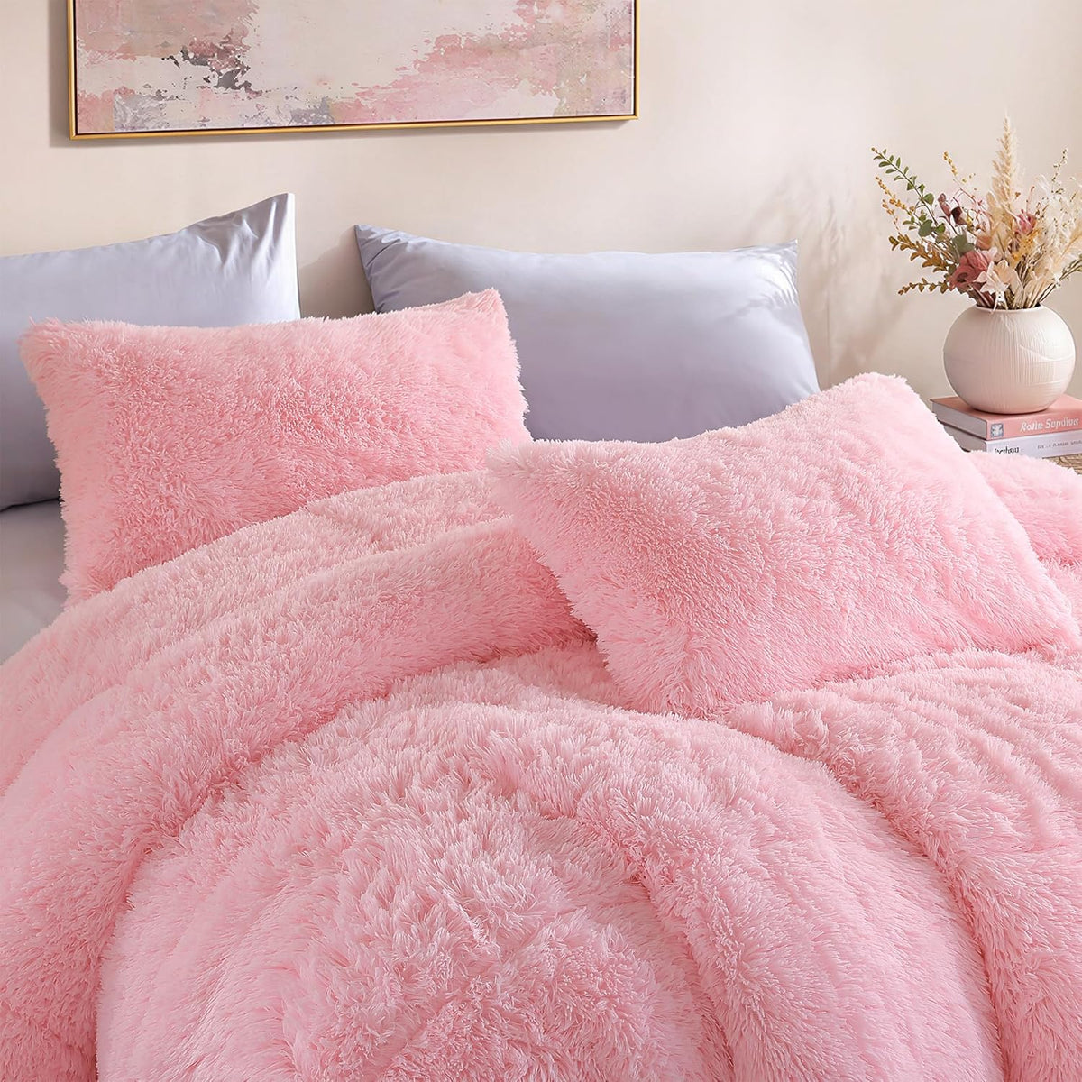 Fluffy Queen Comforter Set, Faux Fur Pink Comforter Set 3 Pcs