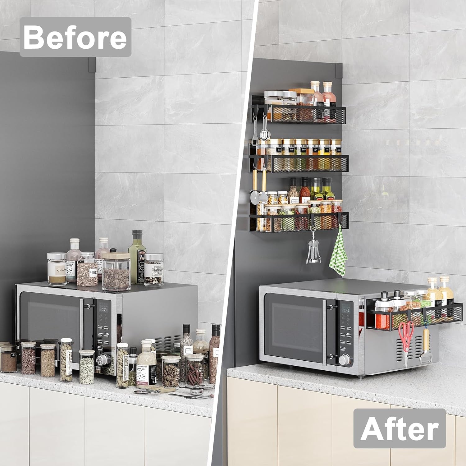 Magnetic Spice Rack for Refrigerator, Fridge Magnet Organizer with Moveable 8 Hooks, Magnetic Fridge Shelf for Kitchen Organization and Storage (4 Pack)