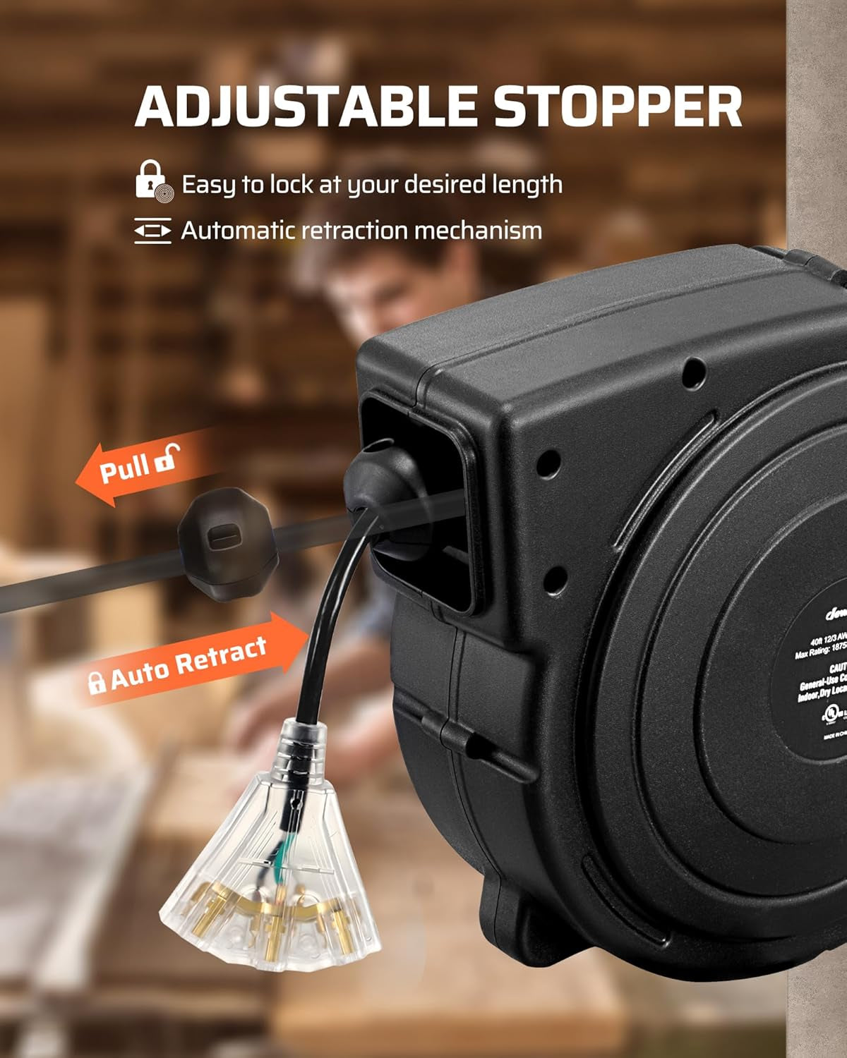 40FT Retractable Extension Cord Reel, 12AWG/3C SJTOW, UL Listed