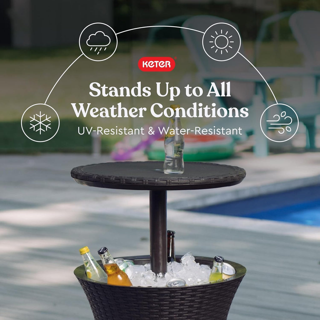 Keter Pacific Cool Bar Outdoor Patio Furniture and Hot Tub Side Table with 7.5 Gallon Beer and Wine Cooler, Espresso Brown