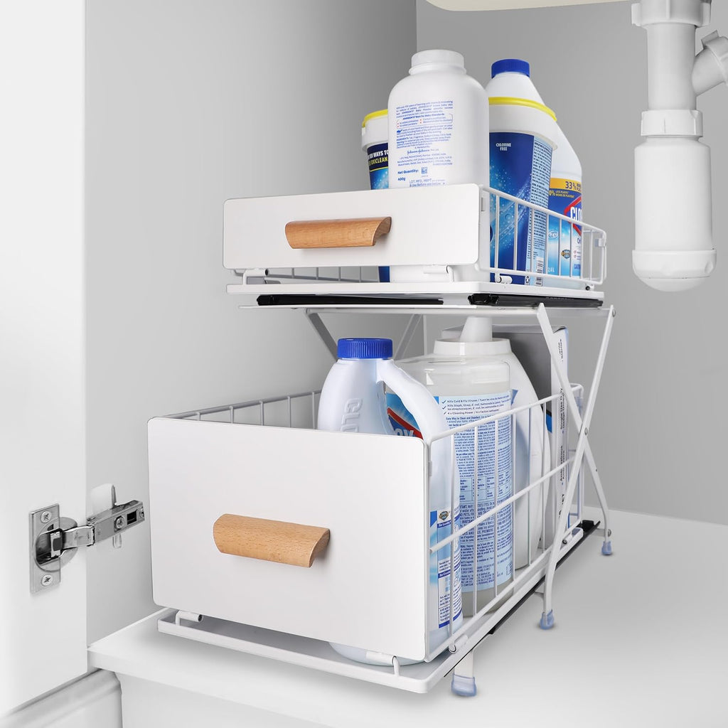 Adjustable under Sink Organizer and Storage, Metal 2-Tier Sliding Drawers under Cabinet Organizer, Bathroom under Sink Organizer - White