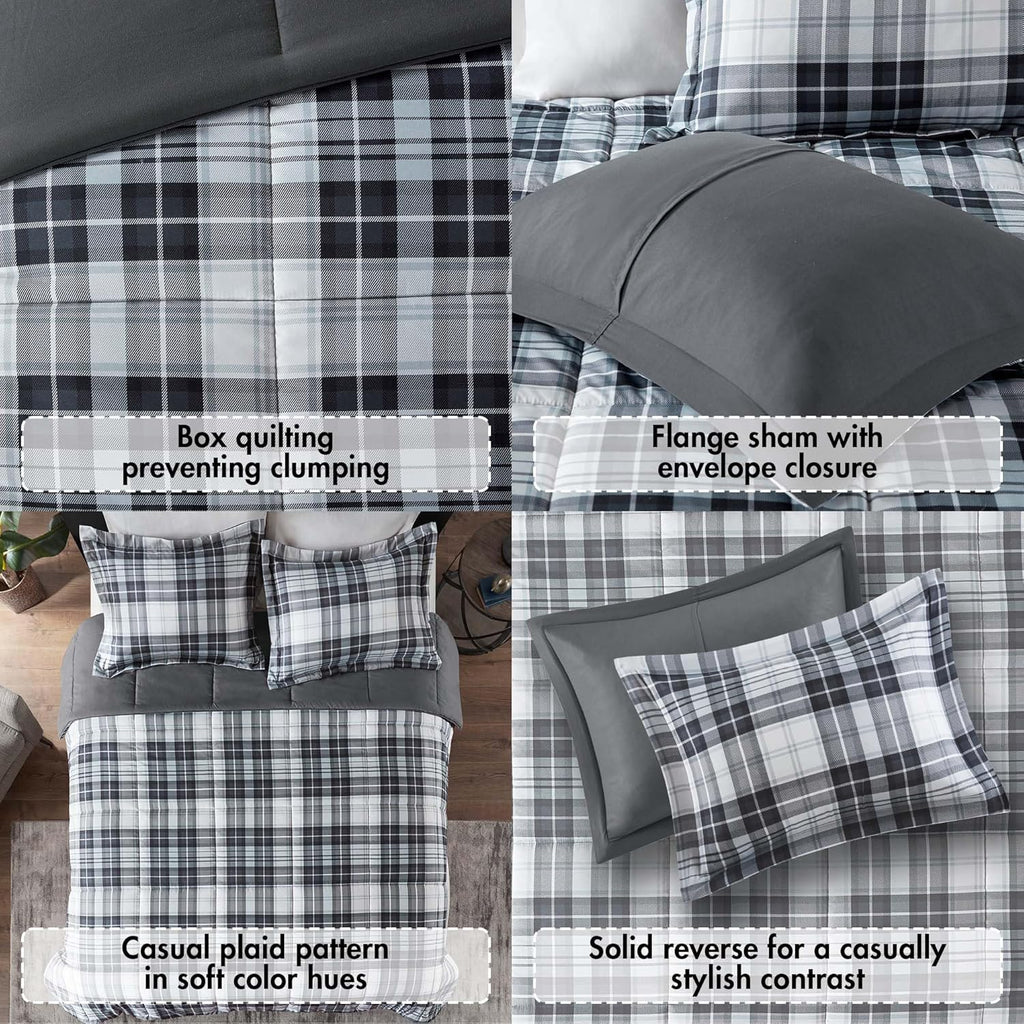 Parkston Plaid Full Queen Comforter Set, 3 Piece Black/White