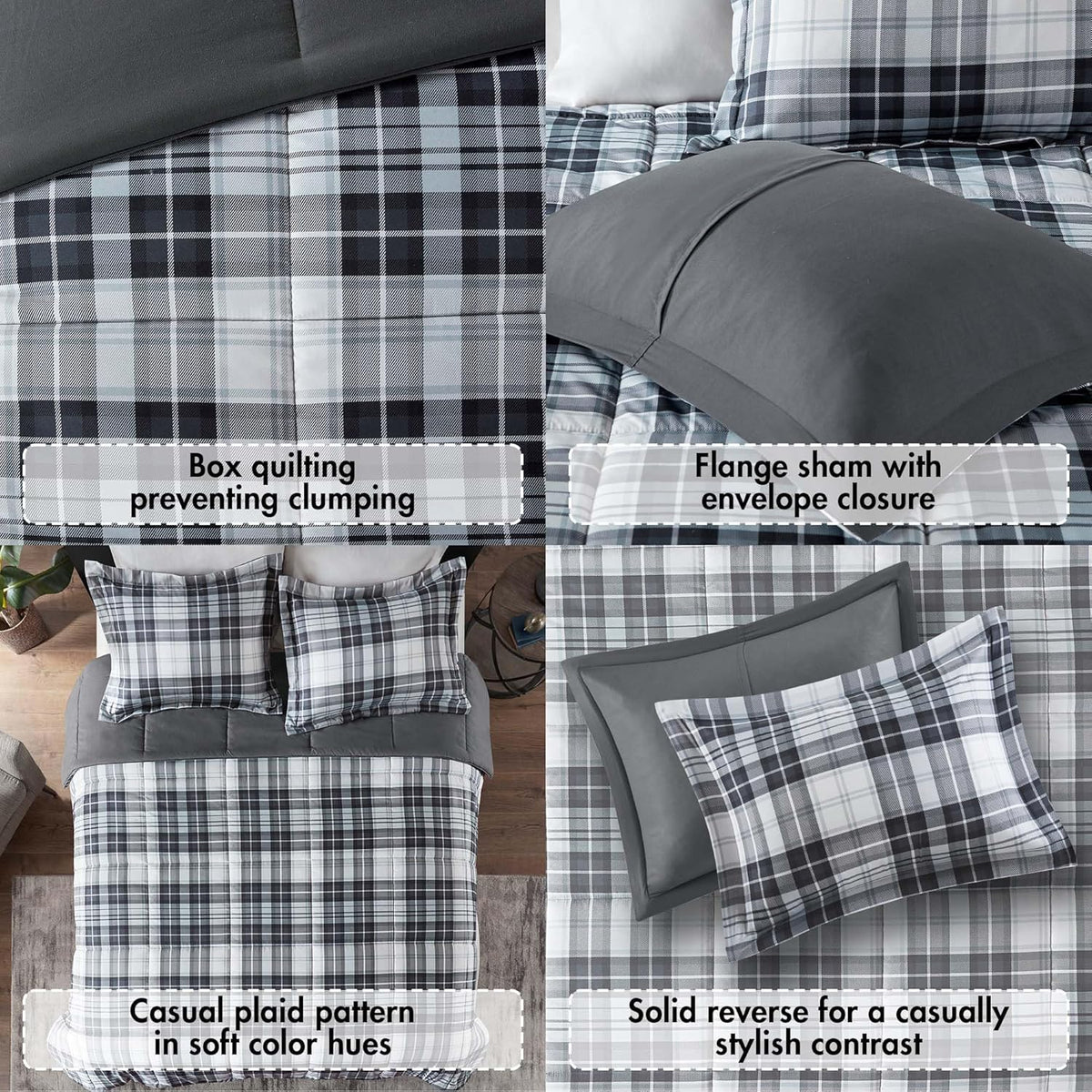 Parkston Plaid Full Queen Comforter Set, 3 Piece Black/White