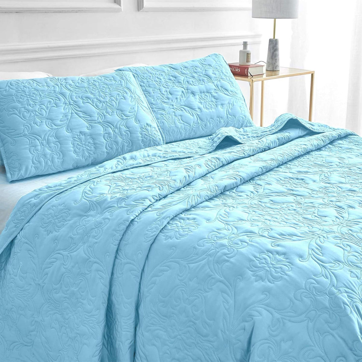 Sophia and William 3 Pieces Quilt Set Queen/Full Size with 1 Quilt and 2 Pillow Shams, Reversible Microfiber Bedding Bedspread Coverlet Set, Cozy, Lightweight and Hypoallergenic, Light Blue