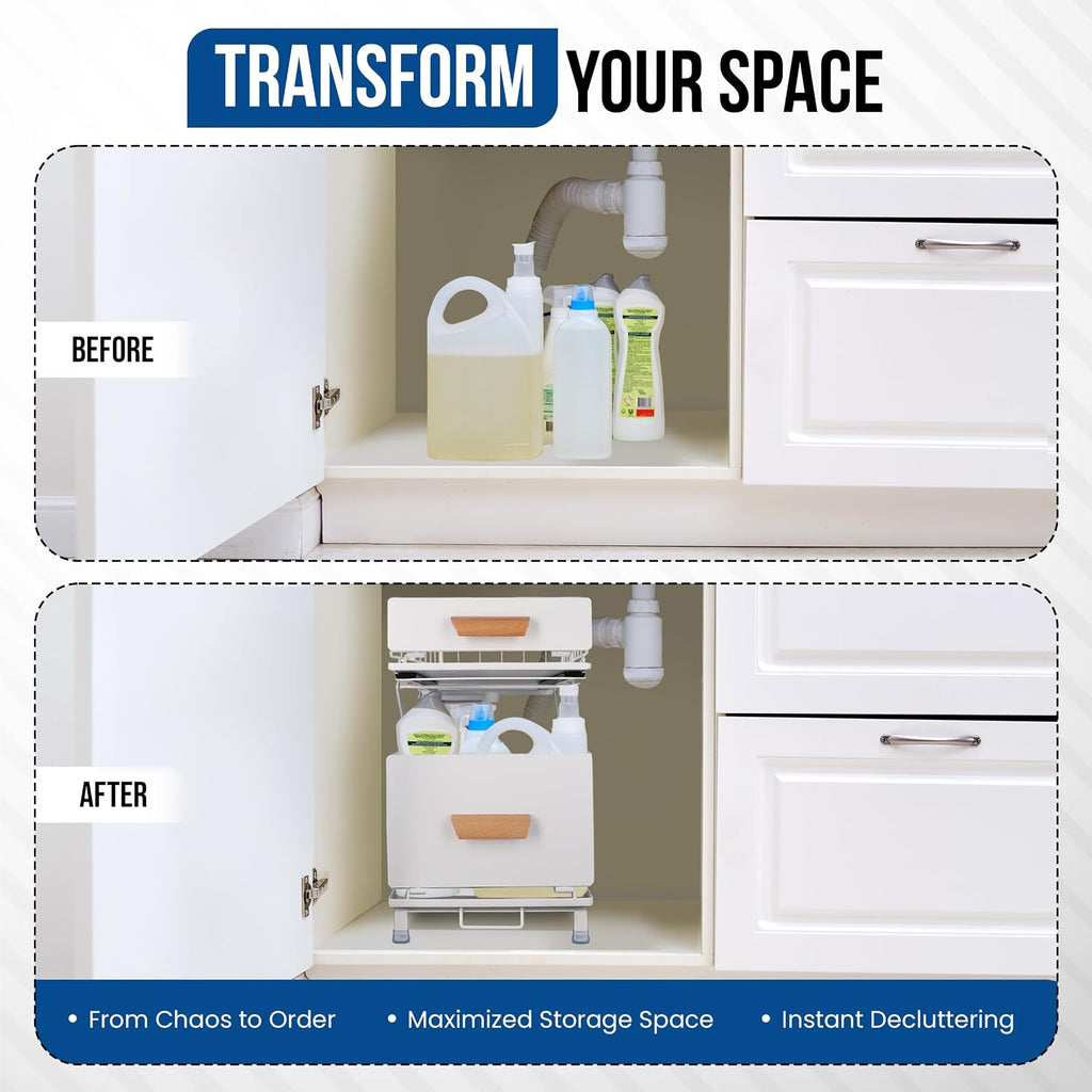 Adjustable under Sink Organizer and Storage, Metal 2-Tier Sliding Drawers under Cabinet Organizer, Bathroom under Sink Organizer - White