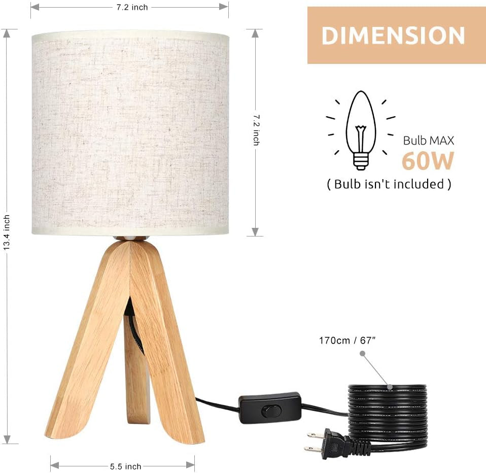 Small Bedside Table Lamp - Wooden Tripod Nightstand Lamp