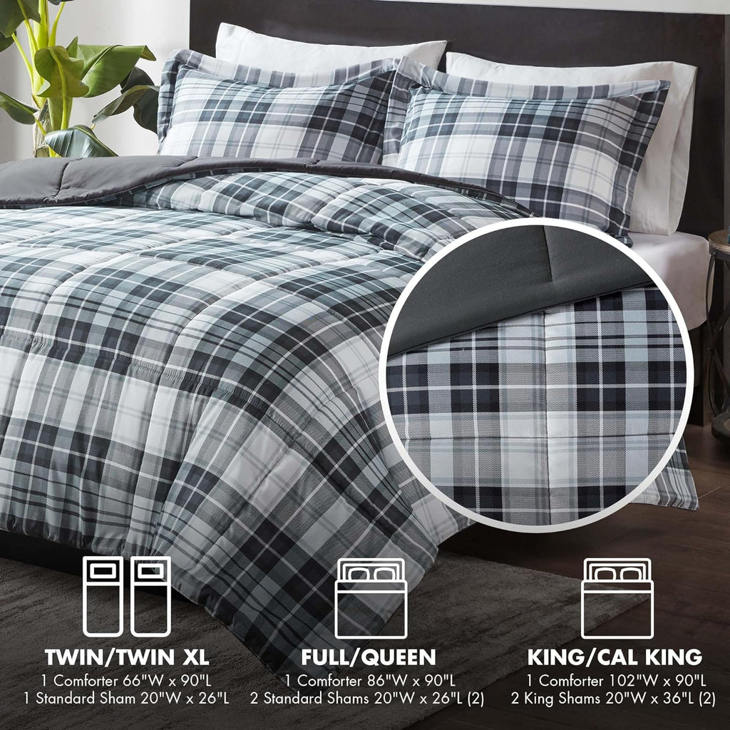 Parkston Plaid Full Queen Comforter Set, 3 Piece Black/White