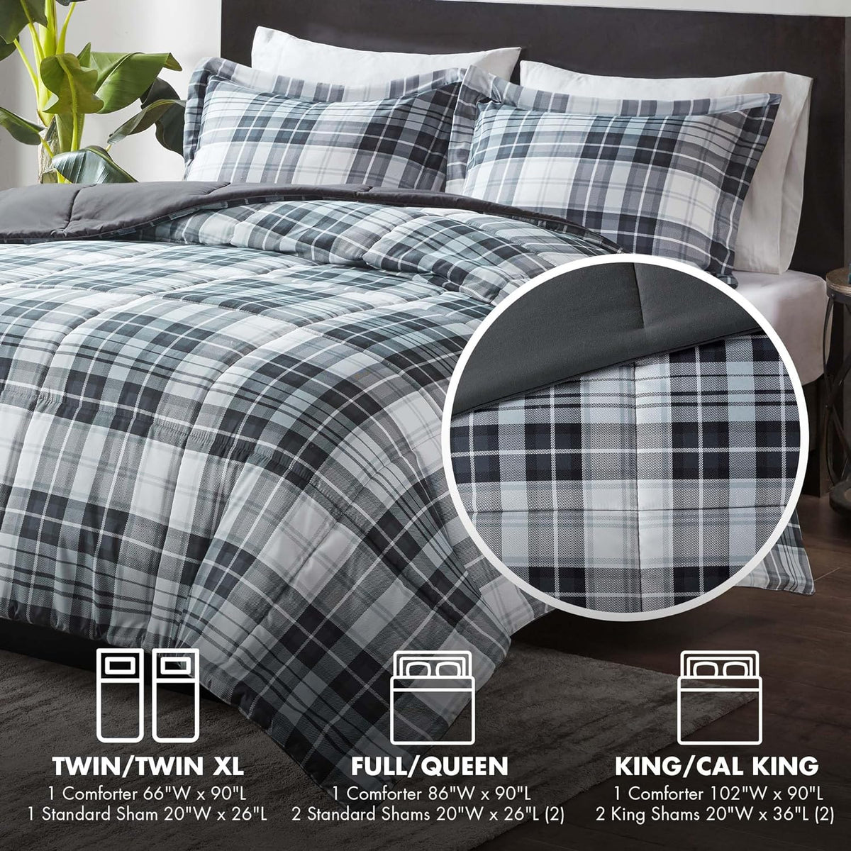 Parkston Plaid Full Queen Comforter Set, 3 Piece Black/White