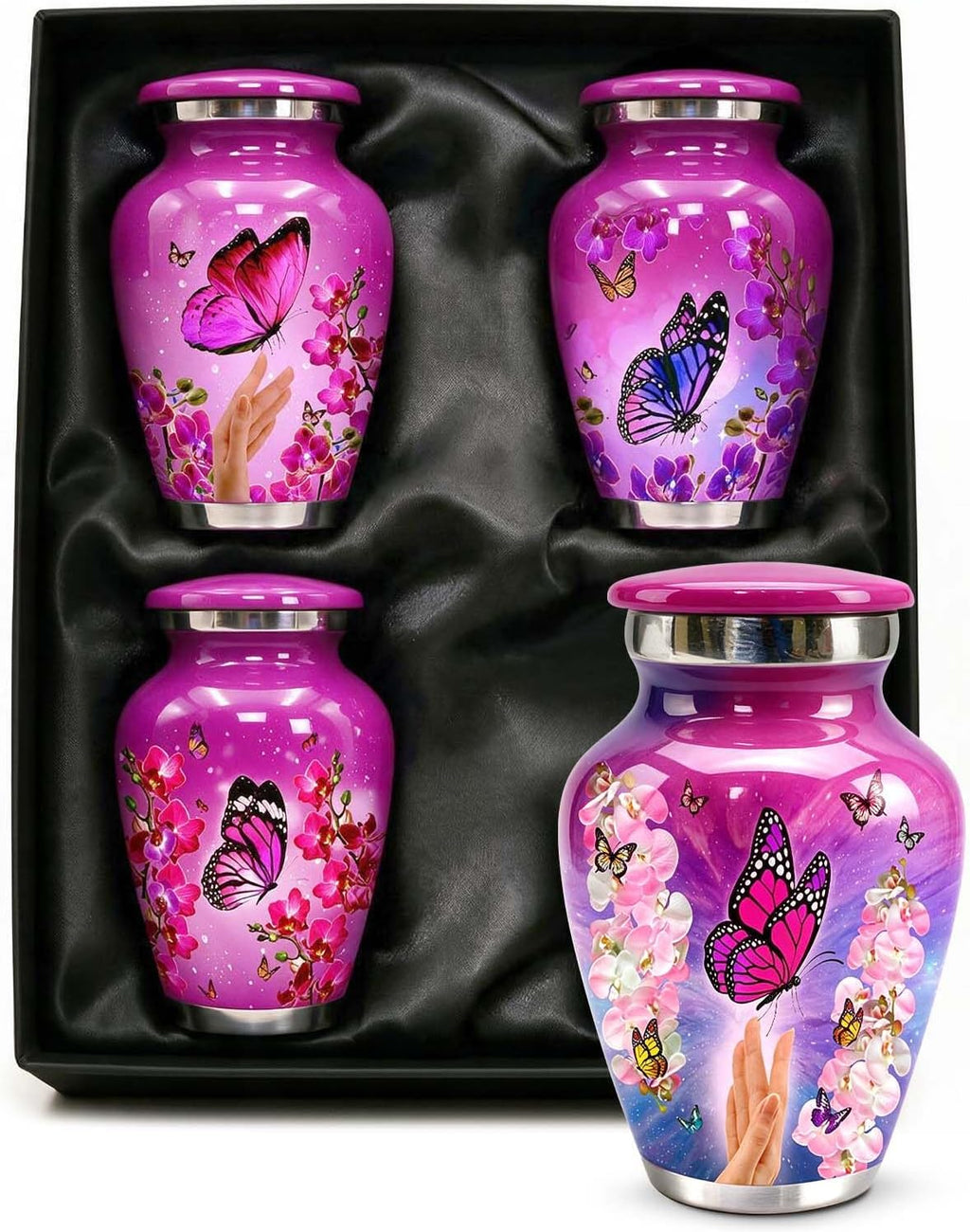 Small Urns for Human Ashes – Set of 4 Mini Keepsake Urns for Ashes, with Velvet Bag & Gift Box, Memorial Sharing Urns (Pink, Set of 4)