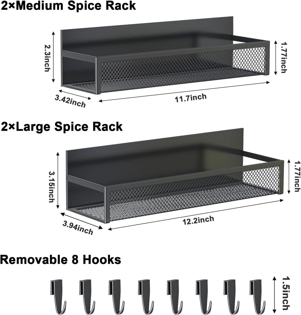 Magnetic Spice Rack for Refrigerator, Fridge Magnet Organizer with Moveable 8 Hooks, Magnetic Fridge Shelf for Kitchen Organization and Storage (4 Pack)
