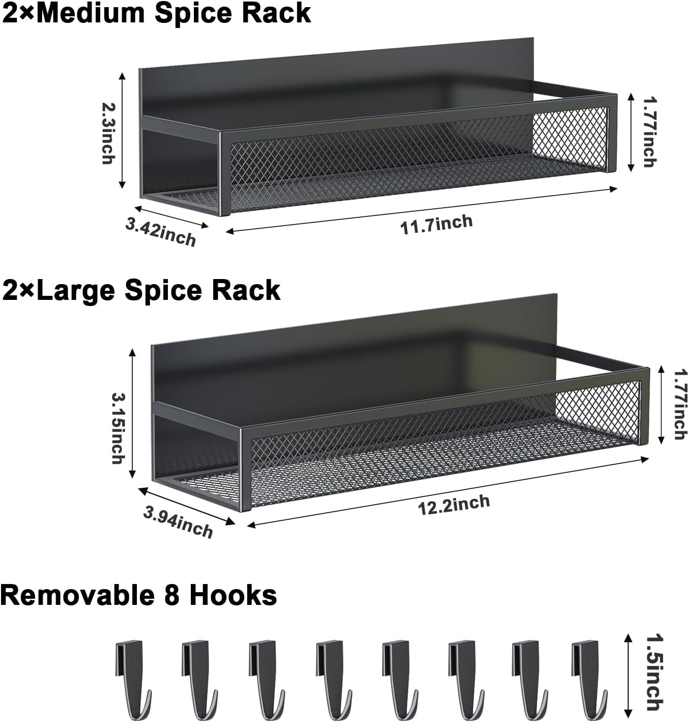Magnetic Spice Rack for Refrigerator, Fridge Magnet Organizer with Moveable 8 Hooks, Magnetic Fridge Shelf for Kitchen Organization and Storage (4 Pack)