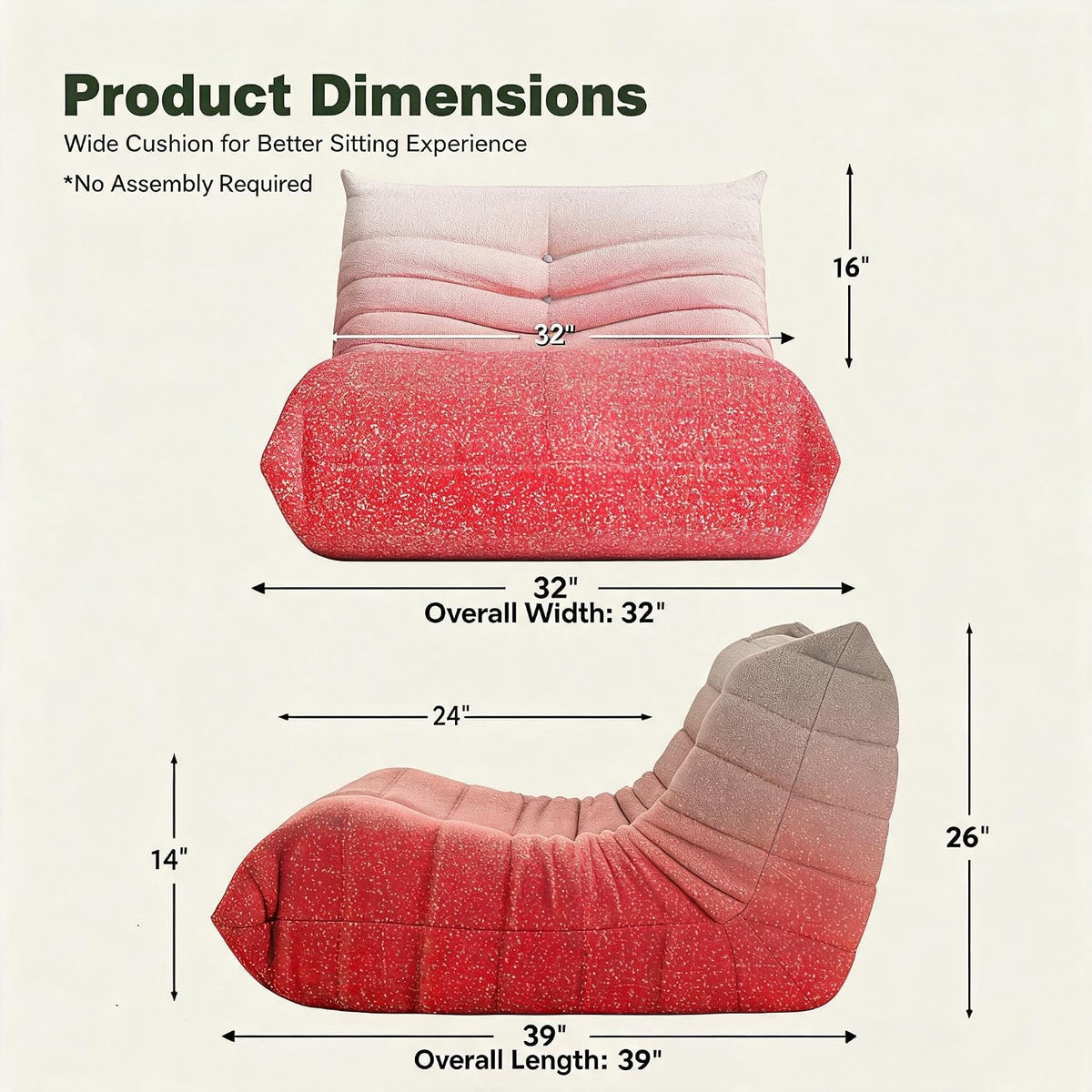 Bean Bag Chair for Adults, L-Shaped Memory Foam Togo Pink & White