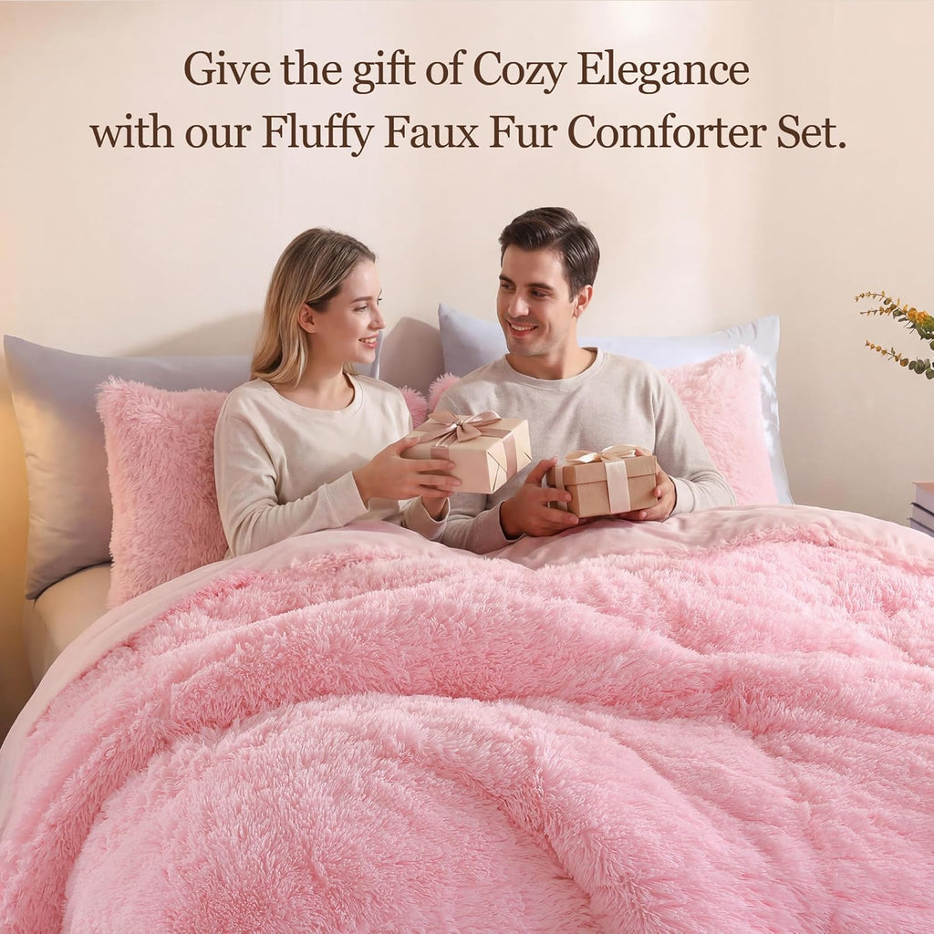 Fluffy Queen Comforter Set, Faux Fur Pink Comforter Set 3 Pcs