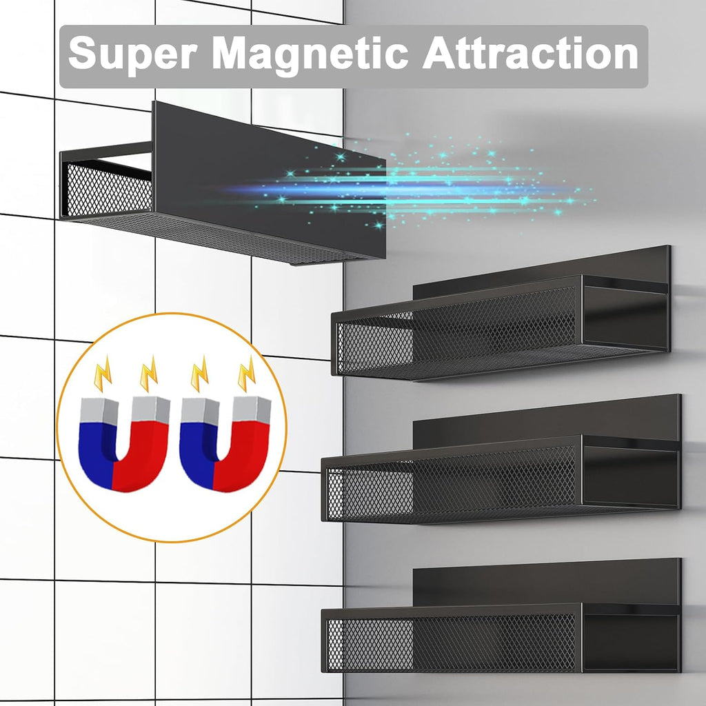 Magnetic Spice Rack for Refrigerator, Fridge Magnet Organizer with Moveable 8 Hooks, Magnetic Fridge Shelf for Kitchen Organization and Storage (4 Pack)